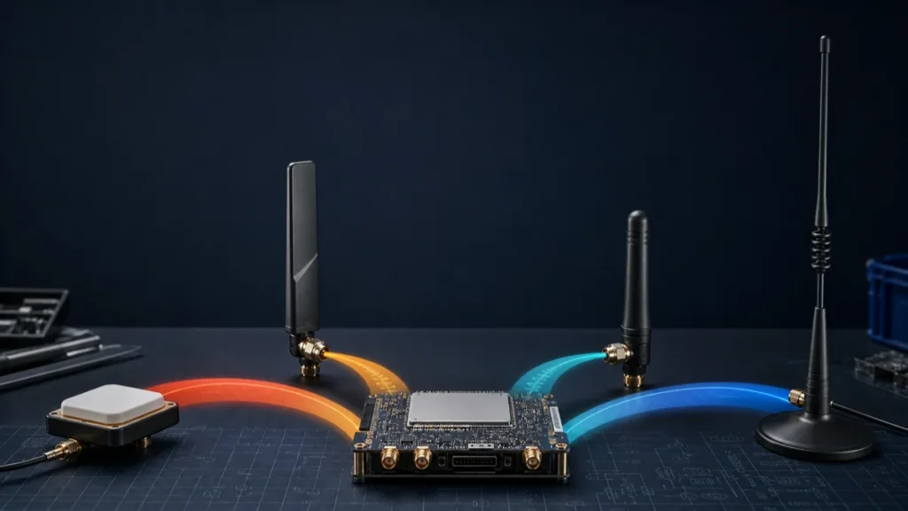 Funkmodul mit GNSS-, Mobilfunk-, WLAN- und Sub-GHz-Antennen zur Frequenzauswahl