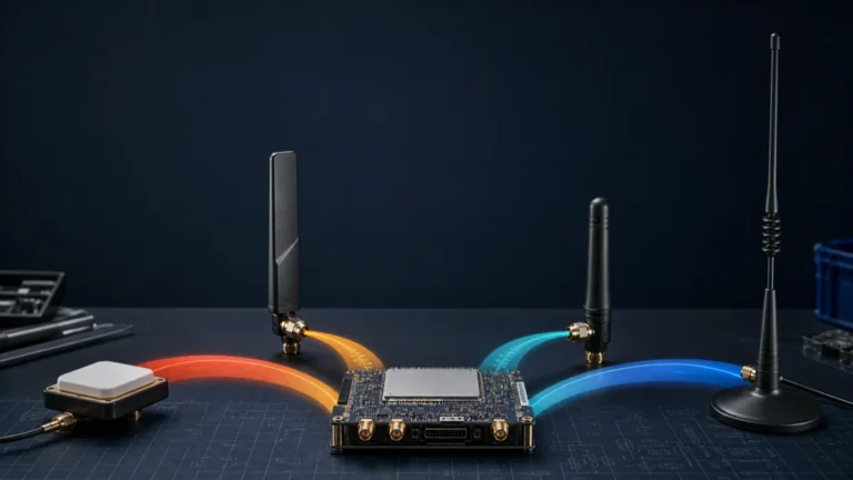 Funkmodul mit GNSS-, Mobilfunk-, WLAN- und Sub-GHz-Antennen zur Frequenzauswahl