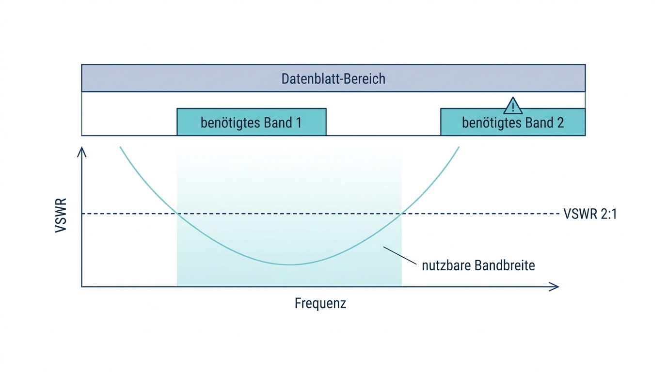 Diagram comparing an antenna datasheet frequency range with the narrower usable bandwidth below VSWR 2:1, showing one required band inside and one outside the usable range