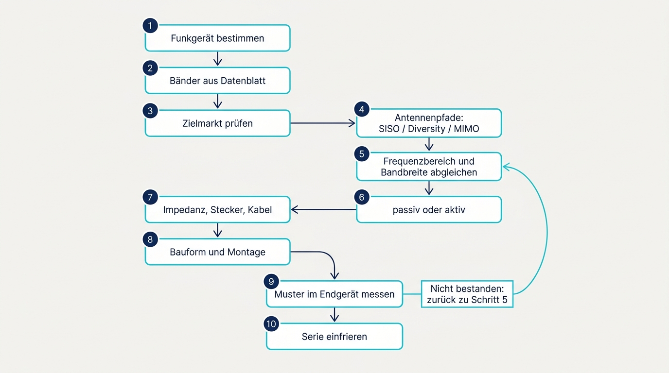 Flowchart of the antenna selection process from identifying the radio device and its bands through regulatory check, bandwidth match, connector and cable check, to measuring a sample in the final device