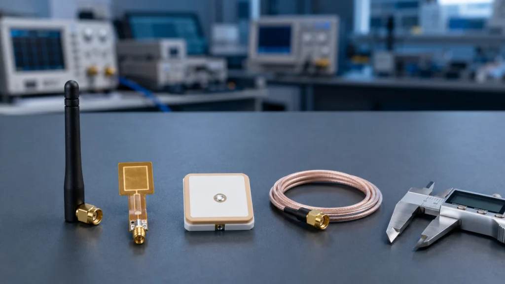 Custom LoRa antenna assemblies with different cables and connectors laid out on an engineering bench
