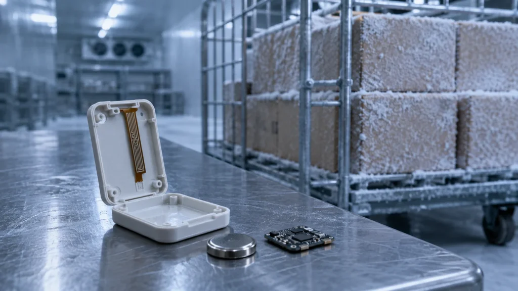 LoRaWAN cold chain tracker opened to show its internal flexible antenna beside a frosted pallet cage