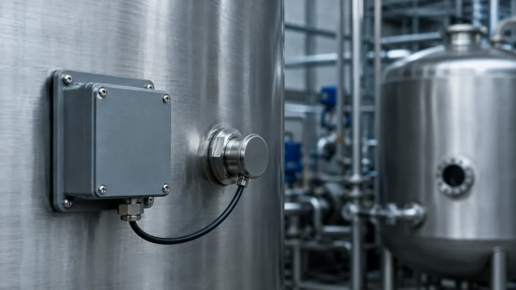 LoRa level sensor on a steel storage tank with an external screw-mount antenna through the tank wall