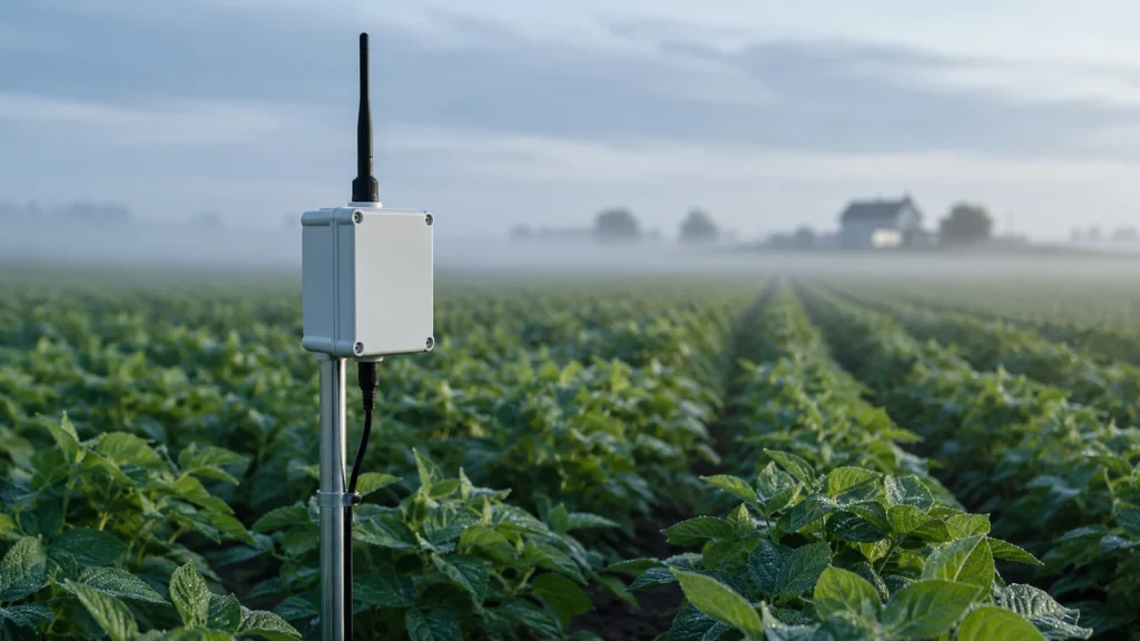 Weatherproof LoRa field sensor node with a vertical whip antenna above a crop canopy