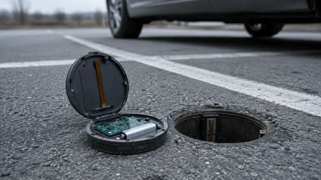 In-ground LoRa parking sensor lifted from its recess showing the internal antenna and potted housing