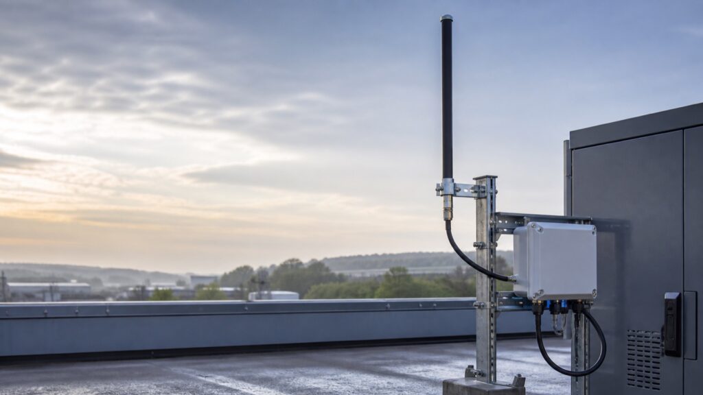Outdoor LoRa gateway antenna mounted beside a metal enclosure with coaxial feedline