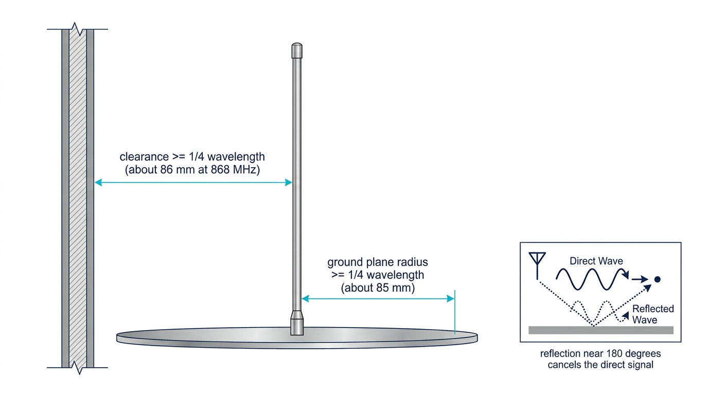Cross-section diagram of a quarter-wave LoRa antenna showing quarter-wavelength clearance from a metal wall and a ground plane of at least quarter-wavelength radius