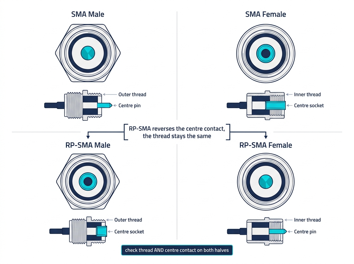 Comparison of SMA male, SMA female, RP-SMA male and RP-SMA female interfaces showing thread arrangement and centre contact