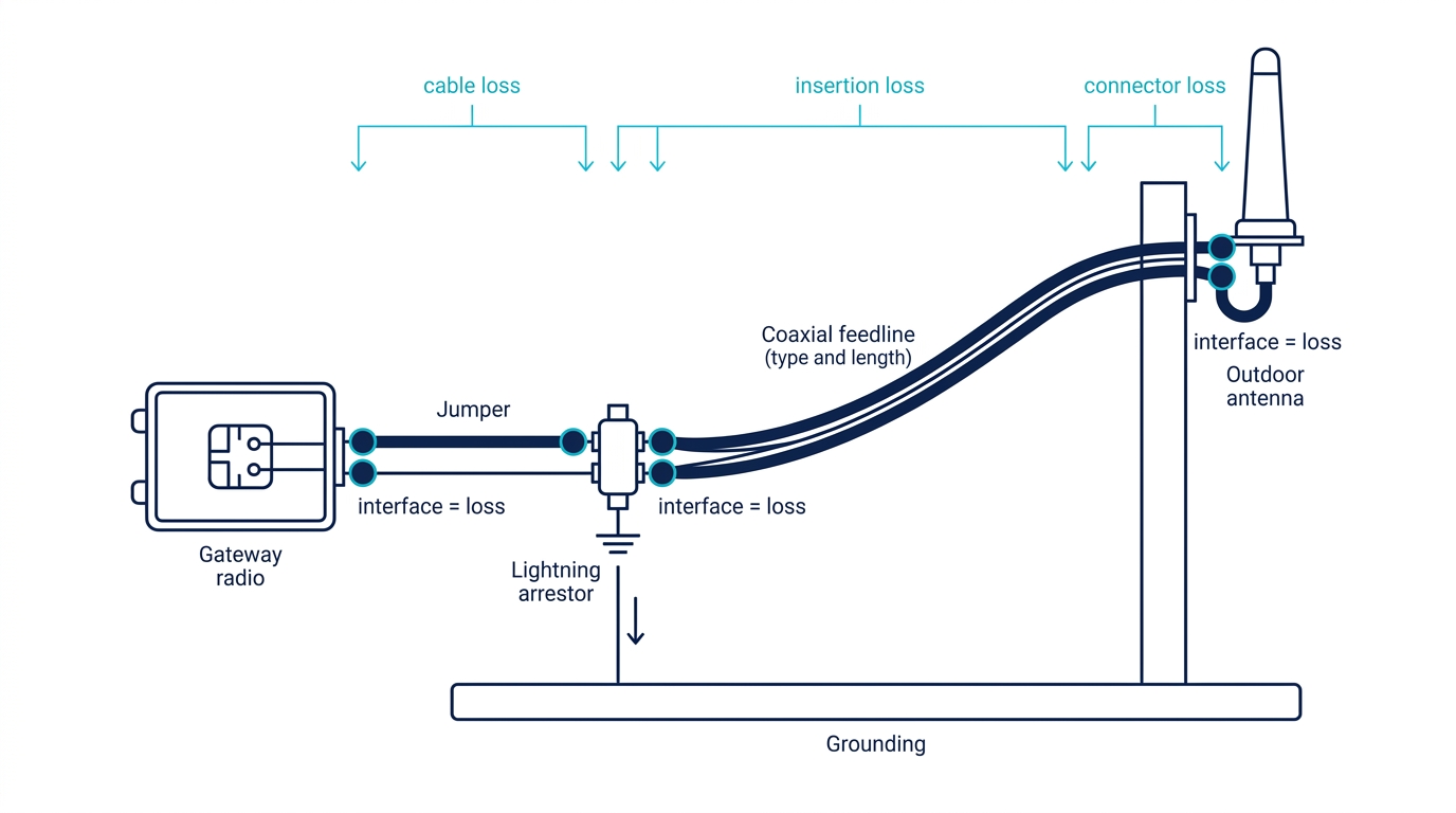 Block diagram of an outdoor LoRa gateway RF path from the gateway radio through a jumper, lightning arrestor and coaxial feedline to the mast-mounted antenna, marking where cable, insertion and connector losses occur