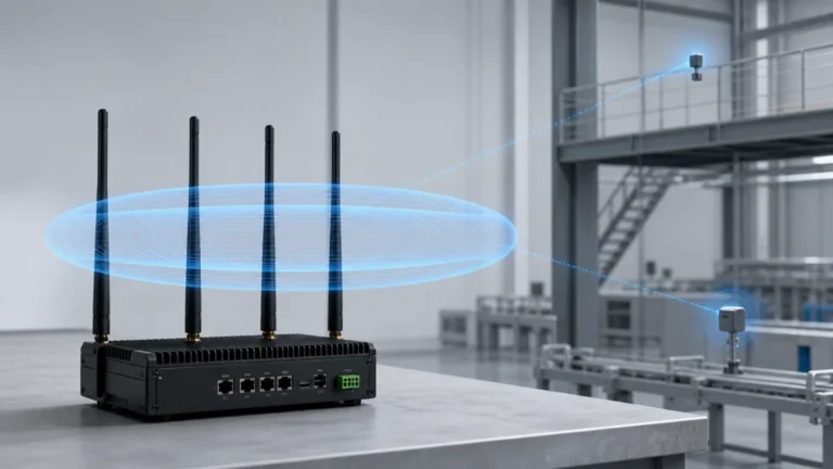 Industrieller Router mit vier vertikalen Rundstrahlantennen und horizontalem Strahlungsfeld