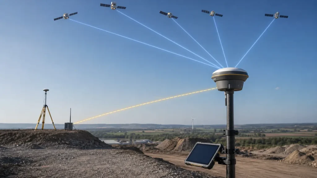 RTK-GNSS-Rover mit Satellitensignalen und separater Korrekturdatenverbindung