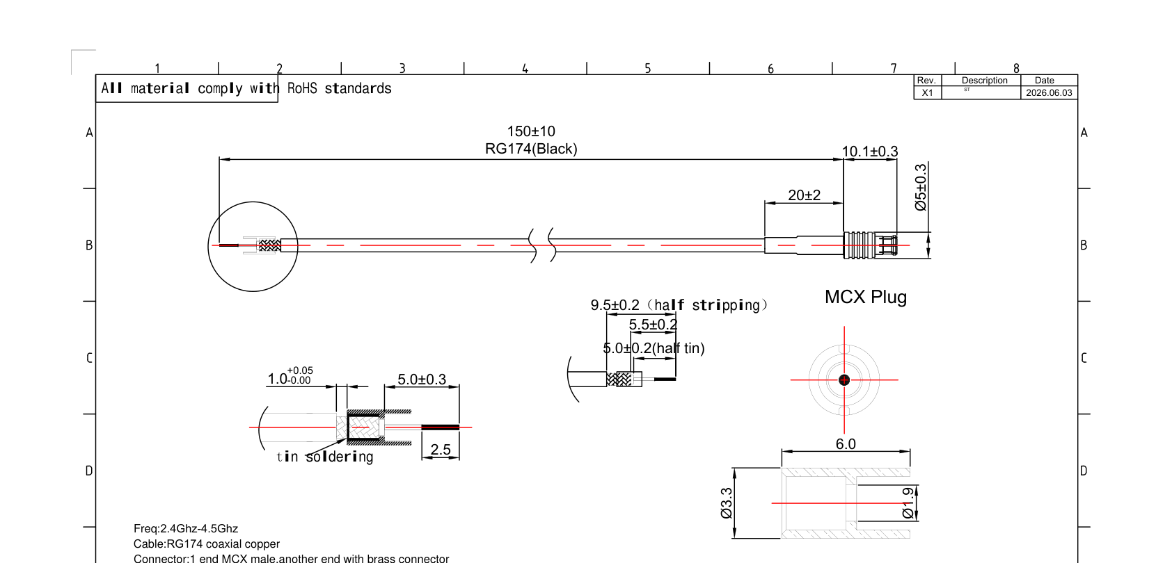 Dimensioned engineering drawing of the cable assembly