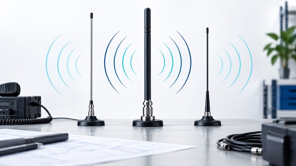 Tres antenas de radio para aplicaciones VHF y UHF