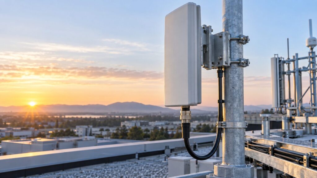 Outdoor panel antenna, feeder cable and mounting hardware during a planned RF inspection