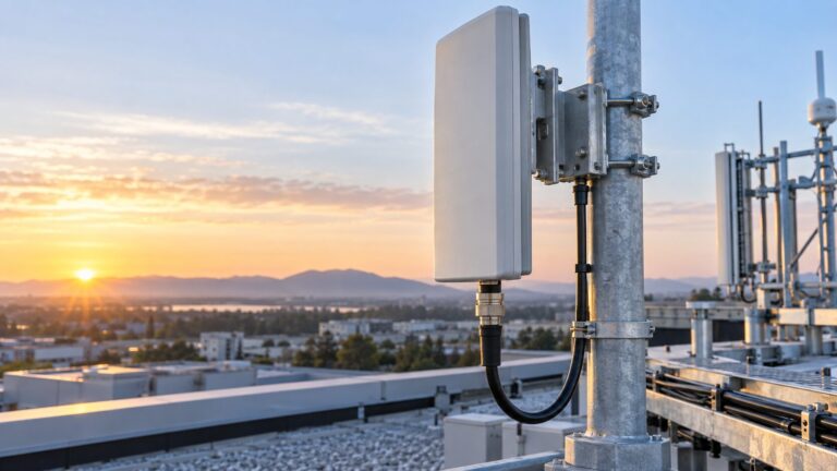 Outdoor panel antenna, feeder cable and mounting hardware during a planned RF inspection