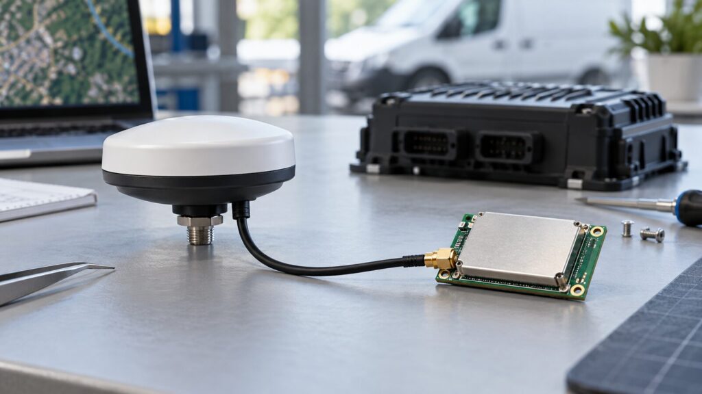 Antena GPS GNSS externa conectada a un módulo receptor en una mesa de integración de telemática.