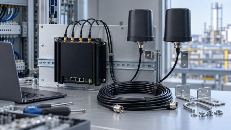 Router industrial con cuatro puertos RF, antenas MIMO y cable coaxial para una instalación 4G 5G.