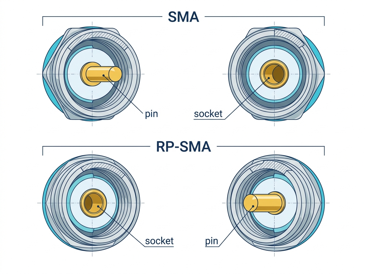 SMA frente a RP‑SMA: la rosca es igual, el contacto central está invertido.