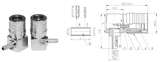 GL-QMAW1 QMA coaxial connector and dimensional drawing