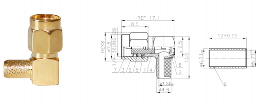 GL-SMAC1 SMA coaxial connector and dimensional drawing