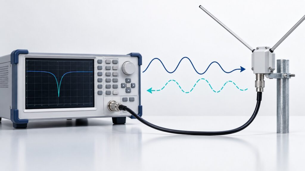 Equipo de medida conectado a una antena mediante cable coaxial