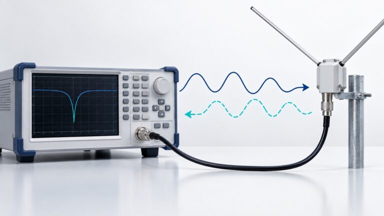 Equipo de medida conectado a una antena mediante cable coaxial