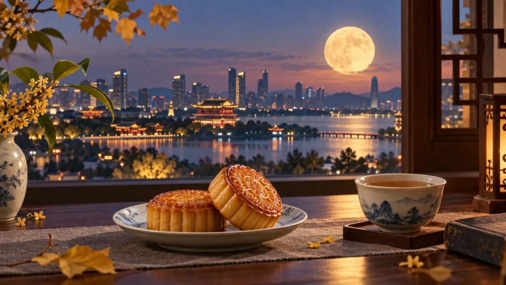 Illustration of mooncakes and tea beneath a full moon over a city