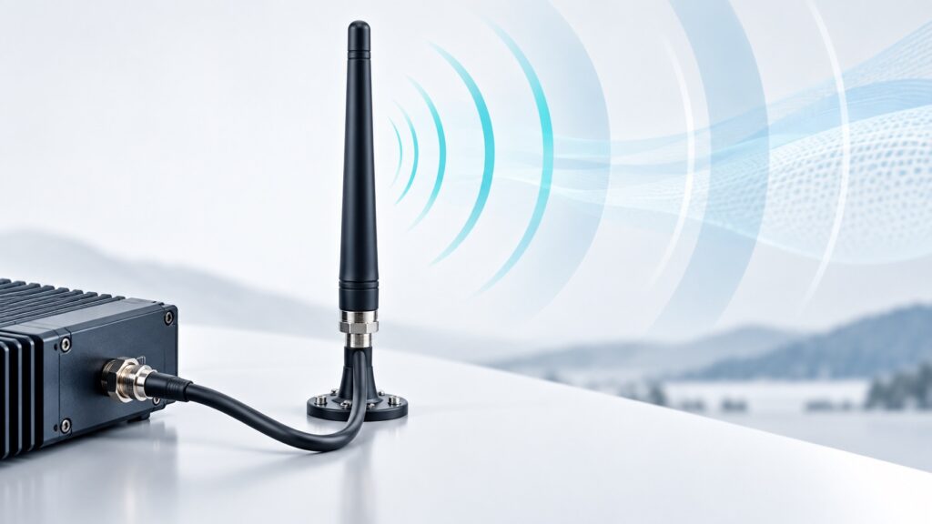 Antena de radiofrecuencia conectada a un equipo por cable coaxial