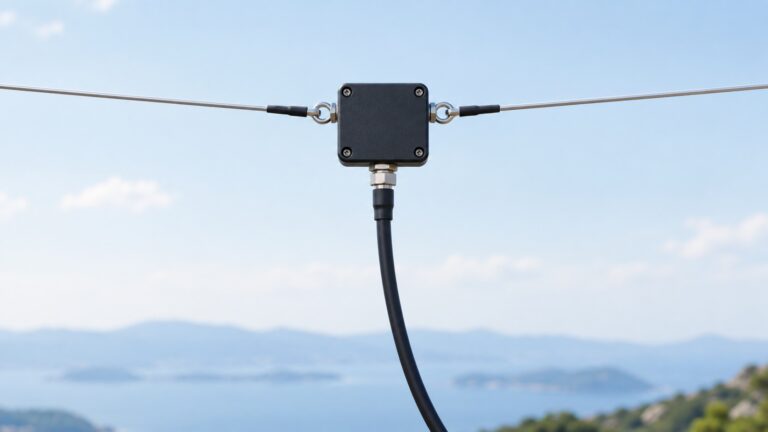Balun conectado entre una antena dipolo y un cable coaxial