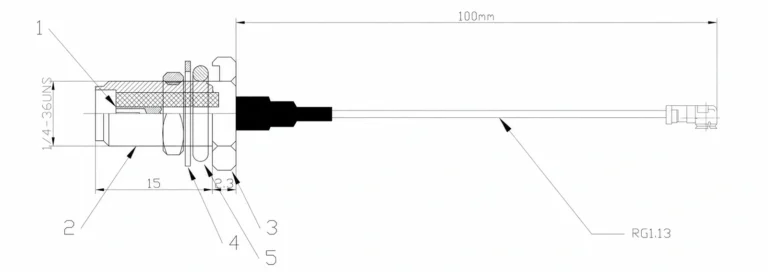C39 SMA female to IPEX reference diagram with 100 mm cable length and 15 mm threaded section