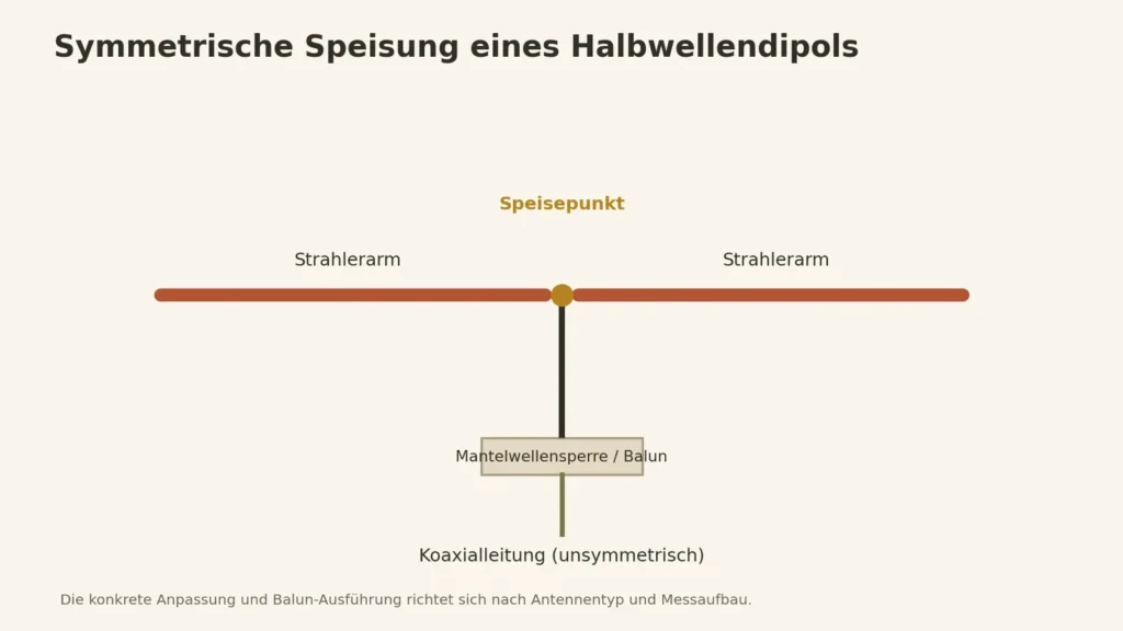 Symmetrischer Halbwellendipol mit mittiger Speisung und Koaxialkabel über eine Mantelwellensperre.