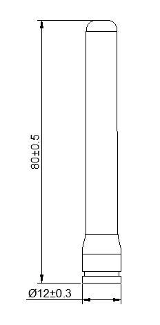 GLSY-GPS433 dimensioned outline, 80 mm length and 12 mm base diameter