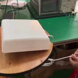 GLW2400V14 white panel antenna sample on the test bench, frame from the supplied test video.