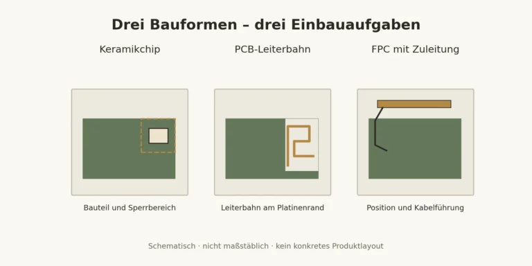Keramikchip auf der Platine, Leiterbahnantenne am Platinenrand und kabelgebundene FPC-Antenne im Gehäuse