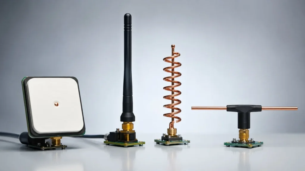 Vergleich der Bauformen Patch-, Stab-, Helix- und Dipolantenne.