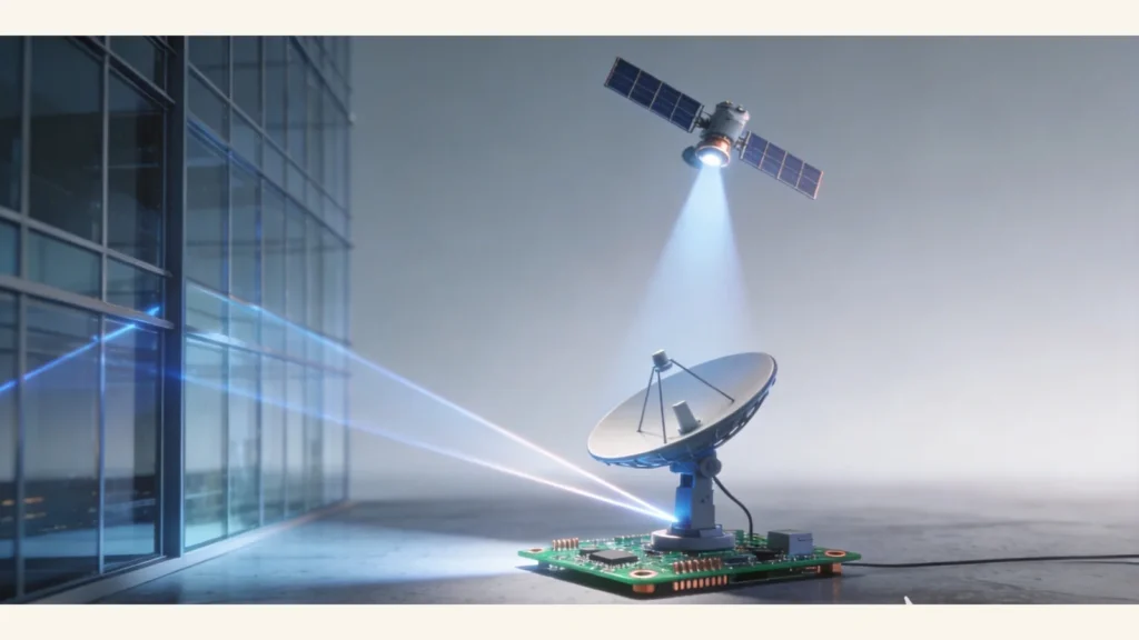 Direkter und an einem Gebäude reflektierter GNSS-Signalweg zur Antenne.